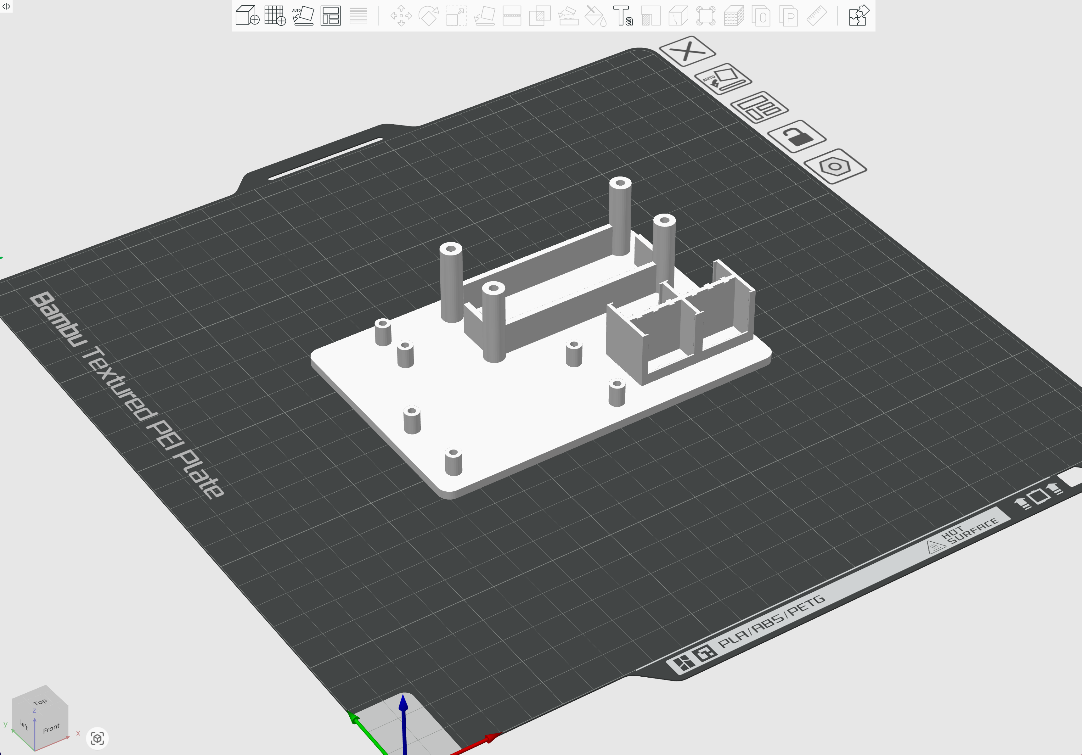 3D model of the custom internal control board for the MagicBand reader, showing component layout and mounting posts in slicer software