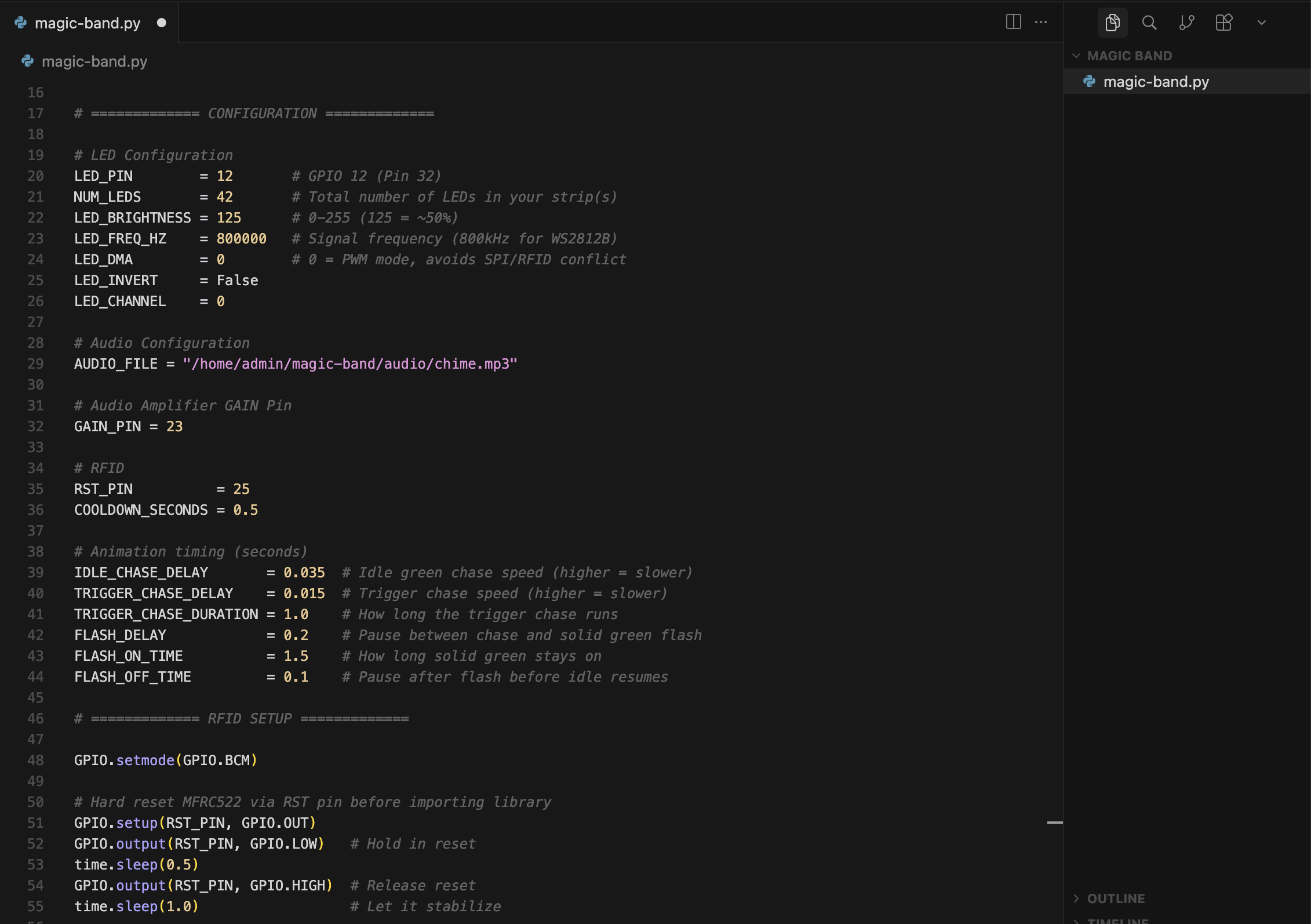 Python source code showing configuration constants for LED count, brightness, and animation timing